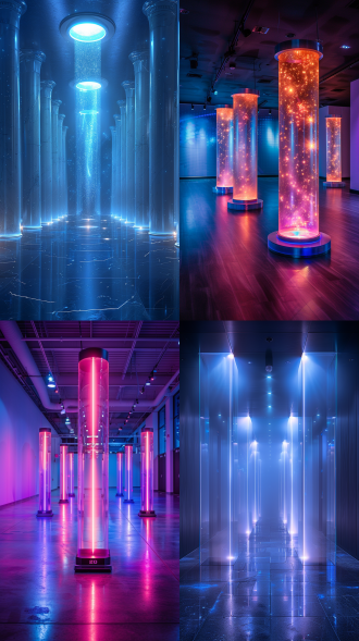 科技数字展厅角落，六个发光展示柱，蓝色背景，未来感极简设计，光滑金属材质，动态数字投影，环境氛围光，对称布局，广角镜头，冷色调，科技蓝光，高对比度，低角度拍摄，未来主义风格，沉浸式体验，科幻氛围，精密细节。