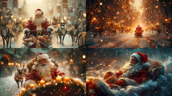 "圣诞老人驾雪橇送礼物，雪景背景，闪烁星光，温暖烛光，欢乐氛围，红色绿色主题，细节丰富，童话风格，浅景深，柔和光线，雪花飘落，驯鹿奔跑，微笑表情，毛皮装饰，金色装饰，节日气氛，高饱和度，动态构图，温馨感动，喜庆祥和。"