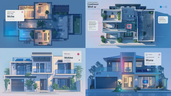 简约二层别墅俯视图，现代极简风格，几何线条清晰，屋顶与庭院布局对称，全景航拍视角，智能家居元素如太阳能板与自动照明，冷色调与柔和自然光，整洁宁静，高科技感，俯视构图，细节丰富，建筑摄影。