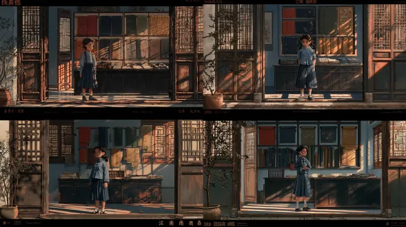 16:9横屏，1930—1940年代江南县城传统绸缎商行室内，参考《双城之战》的厚重油画质感，强调有力的形体塑造、丰富的色彩层次与电影级光影。 摄影机位于商行入口内侧，以斜向视角望入室内，采用中广角构图，形成清晰的前、中、远景层次。左侧前景设置门廊盆栽，陶盆与部分枝叶自然进入画面；中景为厚实的深色木质柜台，柜台上摆放账本、算盘和少量布料；背景为沿墙延伸的木制货架与壁柜，整齐陈列朱红、黛蓝、青绿、金赭等色彩的成卷绸缎及精美刺绣，构成丰富而有秩序的色彩层次。 明亮日光从敞开的店门与木格窗斜射入内，在地面、柜台和绸缎上形成明暗交错的光影。深色木材与鲜艳织物形成对比，整体明快清亮，具有江南传统商铺的温润气息。画面采用 建筑与光线： 商行入口保留传统木门框、门槛与木构细节，门廊盆栽的位置固定在入口一侧。建筑材质、木色与门窗形制应能与同一商行的室外门面连续对应。日光从敞开的店门及临街窗格斜射入室内，在地面、柜台和绸缎表面形成明亮的光区与有层次的阴影；室内整体明快清亮，光线温暖但不过度泛黄。绸缎以饱满的色彩和局部高光呈现质感，深色木材与明亮织物形成视觉对比。 风格化的二维动画艺术，类似《蜘蛛侠：纵横宇宙》的风格；大面积平涂色块，粗犷的绘画笔触质感，鲜明的轮廓剪影，赛璐珞风格阴影；冷蓝色环境色调搭配暖金色轮廓光，电影感体积光，营造出一种静谧而富有情绪的氛围。运用戏剧性的明暗对比（chiaroscuro）、雕塑般的阴影、富有表现力的光影造型、高对比度的色调构图，以及丰富的冷暖色彩关系——阴影处呈现深蓝灰色与青绿色，高光处带有琥珀色与焦橙色，中间调为大地赭色，并点缀以酒红色；高饱和度的视觉焦点与周围克制的色调形成平衡。