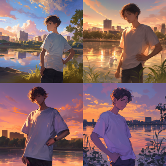 ``` a boy stands by a lake with high - rise buildings and trees in the background during sunset, wearing a light - colored t - shirt, with one hand on his hip, in a realistic style ```