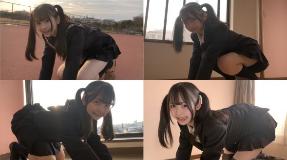 全身像，跪姿，调皮可爱，学生装，全身，皮肤白皙，双马尾，柔焦镜头，明亮色调，自然光，微笑，活泼，粉色背景，细节丰富，日系风格，青春感，浅景深，逆光，发丝透光，清新氛围，俏皮动作，制服裙摆，校园场景，温暖情感 全身 自然照明