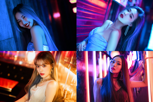 私密照，夜店风，长卷发蓝色头发，东亚女孩，浅色连衣裙，妆造精美，活力四射，霓虹灯光，暗色调背景，大光圈镜头，高对比度，动态姿势，近距离特写，柔滑皮肤，明亮眼神，暖色与冷色碰撞，迷离氛围，时尚摄影，侧逆光，金属质感饰品，红唇，自信微笑