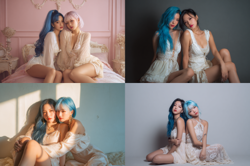 两个东亚美少女，一个长发一个短发，全身照，俩人相拥环抱而坐，很有活力，蓝色头发，浅色连衣裙，妆造精美，大长腿，皮肤白皙，东亚女孩。