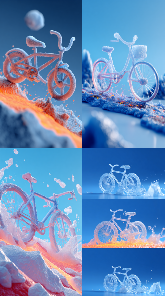 自行车由冰块制成，寒冰材质，卡通风格，糖果渐变配色，在岩浆上疾驰，等轴测视角，c4d建模，3d渲染，纯净蓝色渐变背景，高对比度，冷色调，动态模糊，反光表面，环境光遮蔽，流畅线条，低多边形风格，强烈阴影，半透明效果，速度感，熔岩飞溅，奇幻场景，无瑕疵表面。