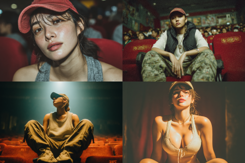 东亚少女，影厅室内，穿运动鞋，雪白皮肤，身材瘦弱，腰身黄金比例，跪姿，运动背心，脖颈细长，戴鸭舌帽。, 全身, 电影灯光,