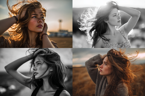 一个美丽的女孩，看着远方，手捋着头发