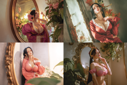 2.5d动漫，海贼王女帝波雅·汉库克cosplay，高挑完美身材，微张嘴唇，温柔舒适表情，一手轻扶腰际，一手优雅贴近脸颊，仰视角度，室内柔和光线，装饰植物与大型镜子背景，光滑墙面纹理，4k高清渲染，精致细节，东方成熟魅力，暖色调，浅景深，优雅姿态，自信气质，典雅氛围