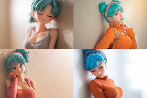 2.5d动漫风格，龙珠布尔玛cosplay，高挑完美身材，微张嘴唇，温柔舒适表情，一手轻扶腰际，一手优雅贴近脸颊，仰视角度，室内柔和光线，光滑墙面纹理，4k高清渲染，精致细节，东方成熟魅力，暖色调，浅景深，优雅姿态，自信气质，典雅氛围，人物特写，柔焦效果，细腻皮肤质感，自然光补光，轻微动态模糊，低饱和度对比