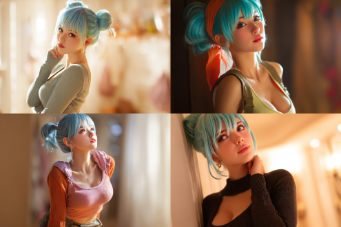 龙珠布尔玛cosplay，全身像，高挑完美身材，皮肤白皙细腻，微张嘴唇，温柔舒适表情，一手轻扶腰际，一手优雅贴近脸颊，仰视角度，室内柔和光线，4k高清渲染，精致细节，东方成熟魅力，暖色调，浅景深，优雅姿态，自信气质，专业布光，人物特写，细腻肤质，优雅动作，时尚服装，动漫风格