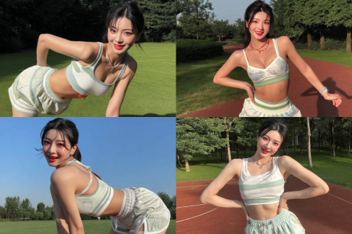 紧身运动短裤，白皙皮肤，日系风格，全身像，阳光照射，公园环境，柔焦效果，浅色调，清新感，自然光，黄金时刻，广角镜头，微笑表情，活力四射，动态姿势，轻盈布料，背景虚化，温暖氛围，青春气息，细节丰富。