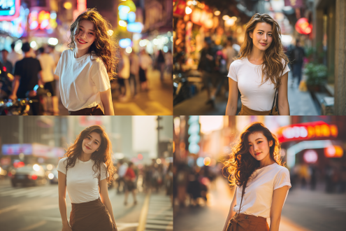上海街头，波浪卷发美女穿白色t恤咖色短裙，修长身材精致五官全身像，都市背景，霓虹灯光，自然姿态，浅景深，85mm人像镜头，黄金时刻，柔光，暖色调，自信微笑，动态抓拍，时尚街拍，高分辨率，细腻皮肤质感，现代感构图。