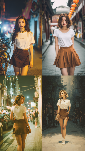 上海街头，波浪卷美女，白色t恤，咖色短裙，修长的身材，五官精致，全身像。, 全身, 黄昏,