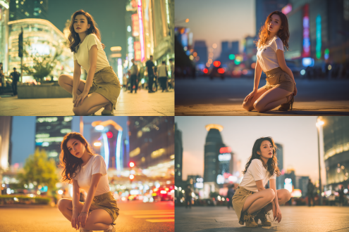 上海街头，波浪卷东亚美女蹲姿，白色t恤咖色短裙，大长腿修长身材职场ol风，全身黄昏暖光，城市霓虹背景，侧逆光，柔焦虚化，广角镜头，低角度拍摄，优雅自信表情，都市摩登氛围，金色与深蓝对比色调，动态平衡构图