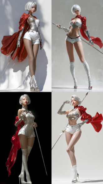 东亚女性，身材完美，银色短发，大长腿，英姿飒爽，紧身皮短裤，胸部及右手是浅灰色银色皮衣材质，胸部以下及左手是白色皮衣材质，露肩，精致的五官，右手皮质及金属手套，左手皮质手套，高跟鞋，红色披风，右手握住银色长枪，皮衣材质清晰，反光明显，背光，光影效果，电影质感，虚幻引擎oc渲染，超高清，清晰，身材突出，