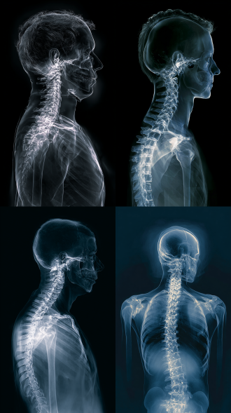 "x光片显示中年男性腰椎突出，冷色调医疗影像，细节清晰，骨骼与软组织对比鲜明，侧光突出病变部位，临床诊断氛围，精准医学风格，无情感渲染，专业严谨，黑白灰主色调，高分辨率，结构层次分明，病变区域标记。"