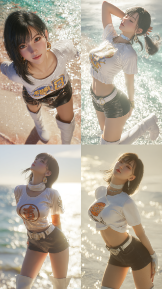 东方美人，一手扶腿支撑，一手叉腰，头后仰舒适表情，瞳孔上翻凝视上方，面容神似蒂法·洛克哈特，发型着装参考18号，金色及肩中分，白色低领龙珠logo短袖，黑色短裤配银色扣腰带，白色过膝靴，银色圆环耳环，海滩场景，海面波光粼粼，海豚跃出水面，锐利阴影，高饱和鲜明色调，柔和暖光，细腻肌肤纹理，电影级构图，沉浸视觉效果，8k分辨率，超写实渲染