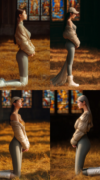 "全身跪姿女性，修长优雅，双手合十低头祈祷，柔光照射，教堂内，彩色玻璃窗光影，文艺复兴风格，细腻肤质，飘逸长裙，暖色调，35mm镜头，浅景深，神圣氛围，宁静情感，细节丰富，高分辨率，自然光影，柔和阴影，庄重肃穆，金色点缀。"