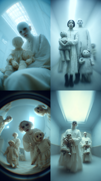 梦境中的漂浮人物，苍白皮肤，空洞眼神，穿着宽松白衣，手里握着扭曲的娃娃，娃娃有不对称五官和缝合痕迹，背景是模糊扭曲的房间，淡蓝色调，柔和散射光，鱼眼镜头，低对比度，轻微晕影，超现实主义，不安感
