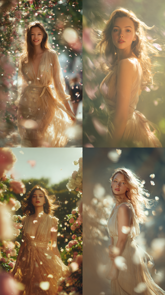 世界最美的女人，优雅站立，阳光下的花园，飘逸长裙，温柔微笑，发丝随风轻扬，明亮眼眸，柔焦效果，自然光，浅景深，高清细节，暖色调，唯美浪漫，柔美氛围，黄金比例构图，花瓣飘落，梦幻光影，高级时装，细腻肤质，清新自然，纯洁高贵。