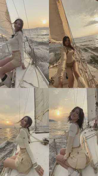 跪姿骑在小帆船上，夕阳海景，微风吹动发丝，温暖金色光线，橙红色渐层天空，帆船倾斜航行，浪花飞溅，人物穿着航海服，自信微笑，活力四射，广角镜头，动态模糊，高饱和度，侧逆光，运动感，水珠细节，帆布纹理，海洋气息