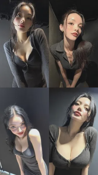 对着镜头贴近，广角，蹲姿，媚眼如丝，低角度拍摄，超广角镜头，浅景深，柔光，暖色调，性感迷人，红唇微张，长发披肩，黑色修身连衣裙，眼神诱惑，近距离特写，高对比度，暗调背景，电影感光影。