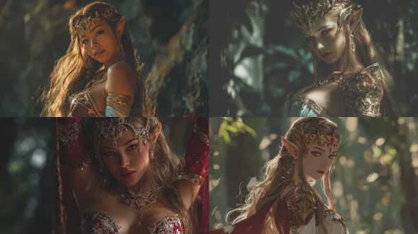 塞尔达公主亚洲面孔年轻火辣曲线，多样姿势，动态构图，奇幻森林，特写镜头，柔光，飘逸长发，精致王冠，优雅长裙，自信微笑，高饱和度，史诗感，电影级画质，幻想艺术风格，戏剧性光影，生动表情。