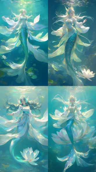 中式鲛人，全身，上半身是中式古风纱衣，头丝飘动的细节，戴着水晶耳饰，透明流体的翅膀，风格写实而浪漫，童话核心，动漫风格的人物设计，翡翠色流体花卉，透明飘逸，美丽，神秘，超长的鱼尾巴，有力量，鱼尾七色渲染，五彩斑斓的白，沉入深蓝色大海，，水下特写，光线透过水面形成丁达尔效应，发丝如绸缎般在水中缓慢漂动，，水波纹在面部投射出细腻光斑，华丽光影，细腻笔触，极致构图透明透亮清透水质，国风光影,彩绘，暖色调，光影特写
