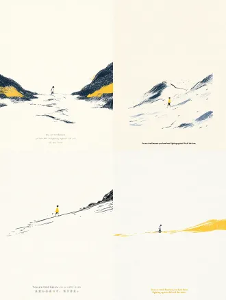 小人逆着水流走，线条紧绷，画面负空间极大，治愈系极简插画，画面磨砂质感，意境深远，主体在中心，周围空白单一色，无文本；底部文字“你累，是因为一直在跟生活对着干。”