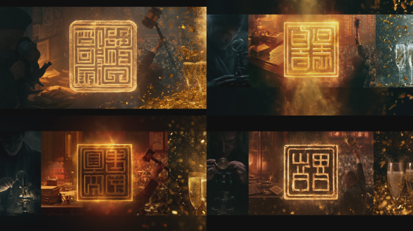 a panoramic ultra-wide banner poster, aspect ratio 34:1, for a luxury art trading center. the composition flows from left to right: [left] a mysterious appraiser in shadows using a magnifying glass and microscope, dark atmosphere. [middle-left] a desk with ancient books and authentication tools, warm light. [center] a massive, glowing square chinese seal (yinzhang) floating as the hero element, radiating golden light, hyper-detailed. [middle-right] an auctioneer's gavel raised high, crowded auction room background. [right] champagne bubbles and golden confetti, celebration. cinematic lighting, photorealistic, 8k, ultra-detailed textures, smooth gradient across the entire length.