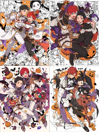 based on reinhard van astrea and natsuki subaru from (re:ゼロから始める異世界生活 | re:zero starting life in another world (anime))，平涂，二次元，8k，最佳细节，漫画, ligne claire，萌，二次元，色彩绚烂，natsuki subaru is cute，reinhard van astrea is handsome and cool，丰富背景，love，双人互动，natsuki subaru is black hair and black big eyes，anime style, cel shading, clean lineart, vibrant colors，白皮肤，reinhard van astrea's height is 184 cm and natsuki subaru's height is 172，漫画，丰富背景，丰富装饰，漫画排版，fantancy background，no girl，halloween。full body。大动作，有张力