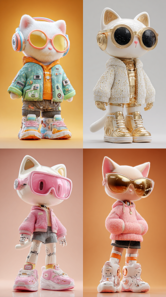 full body, super cute cat, technological elements, fashionable clothing, standing posture, super cute pop mart ip, hbi, model, blind box toy, fine gloss, clean background, 3d rendering, ocender， best quality, 4k, super details, popular market toys, studio lighting