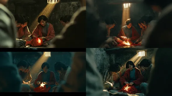 photorealistic cinematic wide shot, 1949 zhazidong prison, chongqing, china. a full view of the dark cell — five female political prisoners gathered on the stone floor, sewing a red flag. the cell is a small, cramped, dark stone room — rough grey stone walls, damp and moldy. the ceiling is low, with wooden beams. the floor is cold stone. the air is thick with dust and haze, making light visible. high up on the back wall, a small barred skylight window — the only source of light. a single golden beam of sunlight shoots down through the dusty air, a visible tyndall light ray, cutting diagonally through the darkness. the beam falls exactly on the group of women in the center of the cell. five women are sitting cross-legged on the stone floor, huddled together in a circle. they are all thin, pale, worn from prison. they wear faded, dirty clothing — some in grey prison uniforms, some in their own simple dresses, wrinkled and stained. in the center of the circle is jiang zhuyun (江姐) — a small woman, about 1.45 meters tall, thin. she has short ear-length black hair. she wears a faded indigo blue cotton qipao, wrinkled and stained. over it, an old, pilled red knit sweater, too large for her thin frame. her face is gaunt, pale, with dark circles and dirt smudges. her skin is realistic: visible pores, chapped lips, a small scar on her forehead. not smooth, not plastic, not shiny. she holds a small red cotton flag — hand-sewn, frayed edges. she is stitching a five-pointed golden star onto the red cloth. the golden star glows brightly in the skylight beam — it is the brightest point in the entire dark cell, a small warm light in the darkness. the other four women are leaning in, watching the flag. some are smiling through tears, some are whispering, some have their hands clasped together in prayer. their faces are half-lit by the reflected light from the red flag and golden star. light is extreme chiaroscuro — only the skylight beam illuminates the group. everything outside the beam: the cell walls, the corners, the edges of the frame, are deep shadow. the tyndall effect makes the dust particles in the light beam visible, floating golden. foreground has out-of-focus stone wall edges framing the bottom and sides, making the viewer feel like they are peering into the cell from outside. color palette: cool grey stone walls, deep shadows, warm golden beam, red flag, golden star. desaturated but with the red and gold as the only warm accents. shot on 35mm film, anamorphic wide 16:9. deep depth of field but with atmospheric dust haze creating natural softness. kodak vision3 500t film grain. cool grey shadows against warm golden highlights. the mood: sacred, hopeful, intimate — five women in a dark prison cell, in a beam of light, sewing a flag they have never seen. pure documentary realism. every face is real, weathered, not a model. no oil painting, no illustration. no text, no watermark, no modern elements.