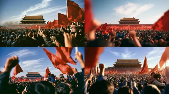 photorealistic cinematic extreme wide shot, autumn 1949, a grand traditional chinese city square. a panoramic view of the entire square filled with crowds. the composition is epic and vast: - foreground: the back of heads and raised hands of people in the crowd, out of focus, making the viewer feel like they are standing in the square. - midground: the entire square, packed with hundreds of thousands of people — a sea of red flags and cheering crowds. the crowd stretches from one end of the square to the other, endless. - background: a grand traditional chinese gate tower — red walls, yellow glazed tile roof — centered at the far end of the square. the sky is bright blue and clear, with a few wispy white clouds. no one standing on the gate tower. the crowd is enormous and diverse — workers in blue uniforms, peasants in cotton clothes, students, soldiers, women in padded coats, children on shoulders. everyone is cheering and waving small red flags. the red flags create a sea of red, moving like waves. people are smiling, laughing, crying. some are holding up banners. some are raising their fists. some are embracing each other. light is bright autumn afternoon sun — warm golden, high angle, casting soft long shadows. the light illuminates the square evenly, making the red flags glow. the atmosphere is clear and bright, with a slight haze. color palette: bright blue sky, red walls, yellow roof tiles, sea of red flags, colourful crowd clothing. warm, bright, hopeful. shot on 35mm film, anamorphic wide 21:9 aspect ratio. deep depth of field, everything sharp from foreground heads to background gate tower. kodak portra 400 film grain, fine and natural. warm bright color grading. the mood: triumphant, joyful, collective celebration — a people united, a new era beginning. pure documentary realism. no oil painting, no illustration. no text, no watermark, no modern elements. 21:9