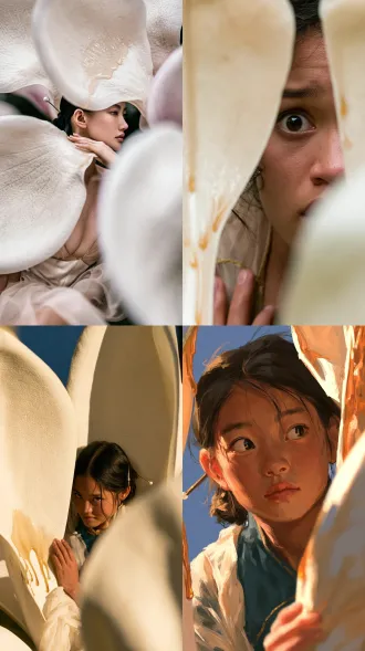 one adult east asian woman seated inside a colossalmagnolia blossom, supported by its receptacle, positionedright third, eyes open looking left through a petal gap, onehand resting lightly on a petal. three broad spoon shapedpetals form an intimate enclosure with natural overlappingwarm ivory petals with translucent margins; transparentamber gold liquid film adhering to inner petal hollows,collecting into drops along lower edges, fine petal texturevisible through film. black hair in a loose low bun with aslender gold hairpin and single pearl tip. opaque deep tealinner dress, soft ivory silk middle layer, translucent palechampagne outer gauze, gold stitching at collar only. eyelevel medium composition, softly blurred lower rightpetal, crisp face and hand. broad blue black gardennegative space at left, warm upper left key light filteredthrough a petal, natural ivory skin, champagne caustics.tactile live action fantasy vfx. -no extra people, metalpetals, plastic skin, giant crown, gold dust storm, extrafingers, text, logo, watermark