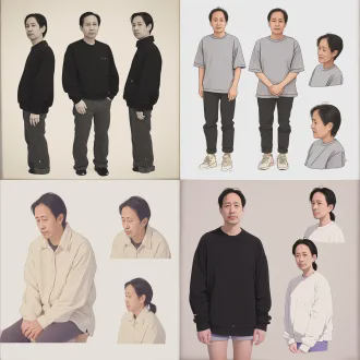 生成一个纯白背景的人物三视图，包括人物正面、侧面以及全身