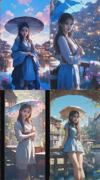 根据参考图形象，生成一个纯一个女人打着雨伞，在江南水乡的画面