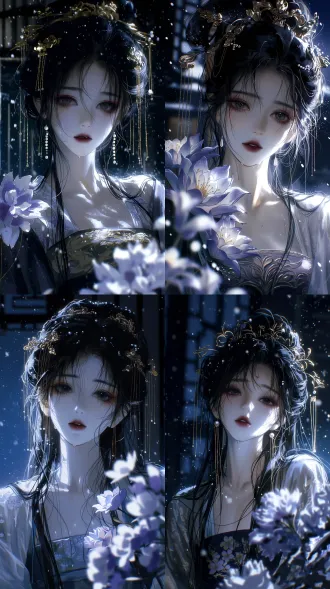 1girl, ancient chinese beauty, extremely pale skin, delicate features, melancholic eyes, red eyeshadow, dark red lips, looking at viewer. long messy black hair, wet hair strands, intricate golden tassel hairpins, pearl ornaments. wearing song dynasty hanfu, beizi, chest wrap, translucent silk, white and pale purple large floral petals on shoulder, floral embroidery, intricate fabric folds. half-body portrait, slightly tilted head, close-up. cinematic lighting, rim lighting, backlight, volumetric light, dark snowy night, blurred ancient chinese architecture, falling snow in foreground, depth of field, high contrast, chiaroscuro. anime illustration, xianxia style, masterpiece, best quality, ultra-detailed, 8k.