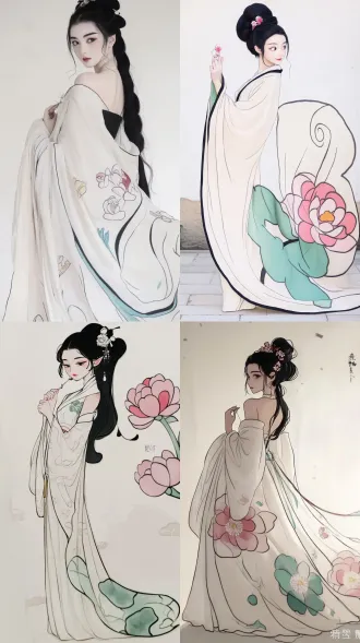 二十三四岁菊花精，明艳稳重温婉，身着绣菊素色罗裙，持绣棚穿针，对角线构图，宋式庭院，柔光，85mm定焦镜头，索格画意风格，低饱和菊色，静谧雅致