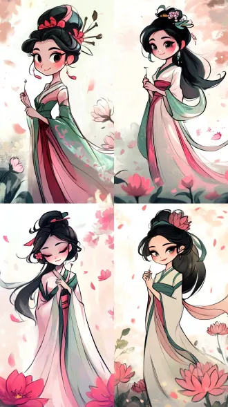 菊花精怪，二十三四岁明艳稳重女子，着绣菊素色汉服，持绣棚穿针，平面插画，居中构图，菊园旁，柔粉暖金配色，平涂技法，柔光，细腻针脚，娴静雅致。