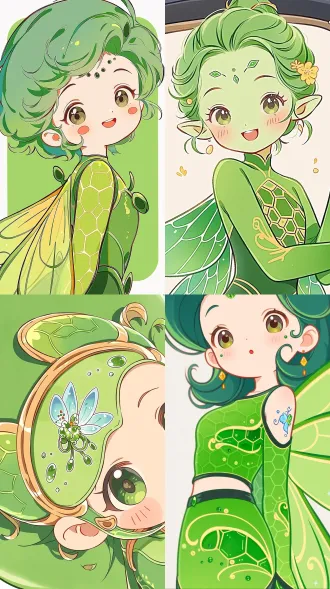 绿蜂精ip形象，蜂纹绿紧身衣，复眼亮翅，灵动俏皮，赛博朋克风，影棚，85mm定焦镜头，柔光，特写，鲜绿明黄撞色，活力。