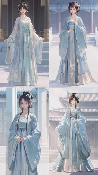 古代仕女插画，浪漫少女人物，全身正视图，九头身比例，淡蓝色华服，精致发饰，白皙肌肤，温柔气质，古风庭院背景，细腻线条，柔和光影，高级简约风格，超高清8k画质，唯美浪漫氛围