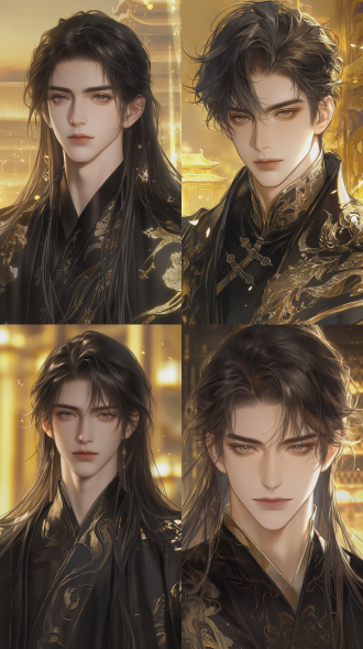 ancient chinese illustration, romantic male lead, 20-year-old regent, strikingly handsome sharp facial features, high nose bridge, thin lips, sharp eyebrows and eyes, charming demeanor, full body front view, standard nine-head proportion, thick voluminous hair, high cranial top, soft eight-shaped air bangs, delicate flawless skin, elaborate noble stunningly designed costume, black main tone with subtle golden dark patterns, natural soft light, warm yellow dusk ambient light, gentle exquisite brush texture, dignified noble aura, grand palace background, ultra fine details, high definition, 8k