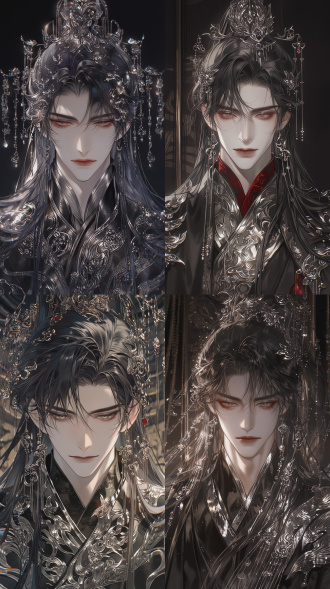 ancient chinese illustration, romantic male lead, grim reaper style character, charming and evil handsome look, front full body portrait, nine-head perfect proportion, sharp narrow phoenix eyes with upturned corners, reddish brow tails, thin lips, high nose bridge, thick loose half-tied hair adorned with numerous exquisite silver ornaments, gorgeous elegant hairstyle, elaborate luxurious costumes, noble and dangerous aura, cold arrogant disdainful expression, distant unapproachable temperament, stunning natural light and shadow, delicate smooth skin, dark toned gorgeous outfit, mysterious netherworld palace background, fine lines, ultra detailed, cinematic light, 8k high definition