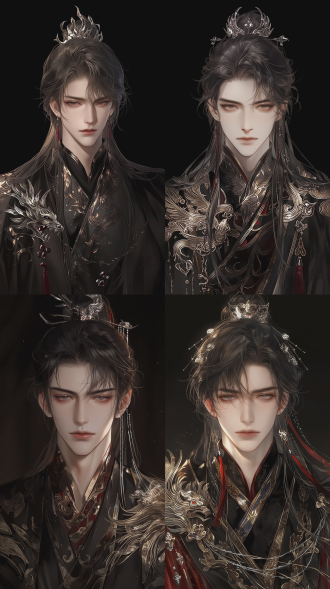 ancient chinese illustration, romantic male lead, yama character, bewitching handsome look, front full body shot, standard nine-head proportion, sharp slanted phoenix eyes, upturned eye corners, reddish brow tails, thin lips, high nose bridge, cold arrogant disdainful expression, unapproachable aura slightly tied loose hair, elegant hairstyle, minimalist premium silver ornaments decorated on hair, elaborate gorgeous clothing, main black tone, matched with dark gold and dark red embellishment, noble dangerous temperament stunning natural light and shadow, delicate skin texture, exquisite line details, mysterious nether palace scene, ultra fine details, cinematic rendering, 8k