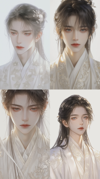 古风人物插画，五岁小男孩，精致软萌面容，素雅淡妆，半束发配精巧发饰，身着华丽刺绣古风服饰，古典柔光，干净背景，画质精细，佳作，柔光肖像，浅景深，细腻肤质，丝绸质感，柔和色调，淡雅情绪，宁静祥和，精细描边，高清画质，对称构图，典雅氛围
