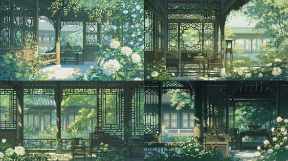 中国古代王府花园扁平插画风格，远景王府建筑，近景花园凉亭，传统木雕窗棂与古典家具，绿植花卉环绕，柔和自然光，宁静雅致，高细节8k，广角镜头，环境光，构图平衡，柔和光影，中式美学，花园小径，盛开花卉。