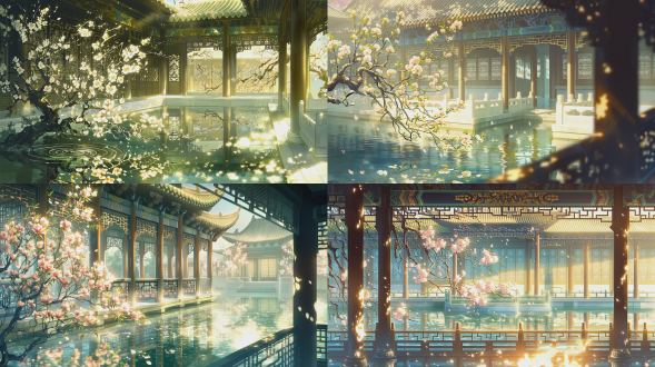 古风二皇子府庭院正午，盛开的桃花树伫立湖边，花瓣纷飞，湖面波光倒映树亭，雅致凉亭临水而建，雕花栏杆清晰，暖黄阳光倾洒形成柔和光斑，背景古色回廊府门，明亮柔和色调，宁静雅致意境，无人物，柔焦质感，电影级自然光，85mm人像镜头，4k高清，广角视野，高动态范围，中国风，静谧氛围。