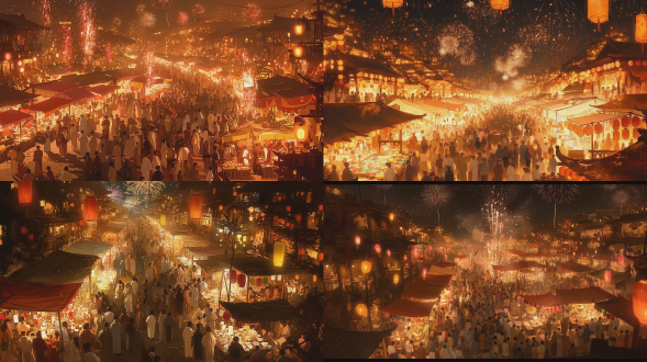 古代繁华市集，夜晚，上元节或普通夜市。各式灯笼（红、白、黄）挂满街道，照亮人脸和摊位。空中可能绽放着烟花，人群摩肩接踵，小贩叫卖。暖色调为主的夜景，灯光璀璨，流光溢彩，繁华夜市，人间烟火，张择端风格，典雅精致，热闹非凡，绚烂光效。