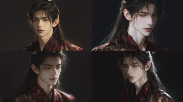 ancient chinese handsome man, regent prince, gentle and calm temperament, delicate and exquisite facial features, slender jawline, pale fair skin, narrow phoenix eyes with soft gaze, long black hair tied with jade hairpin, luxurious dark red silk royal robe with golden cloud embroidery, ancient oriental aesthetic, chinese style portrait photo, studio portrait lighting, soft layered fill light, rim light outline hair and shoulder, moderate shadow contrast, realistic skin texture, sharp facial details, 8k, ultra detailed, raw photo, high resolution